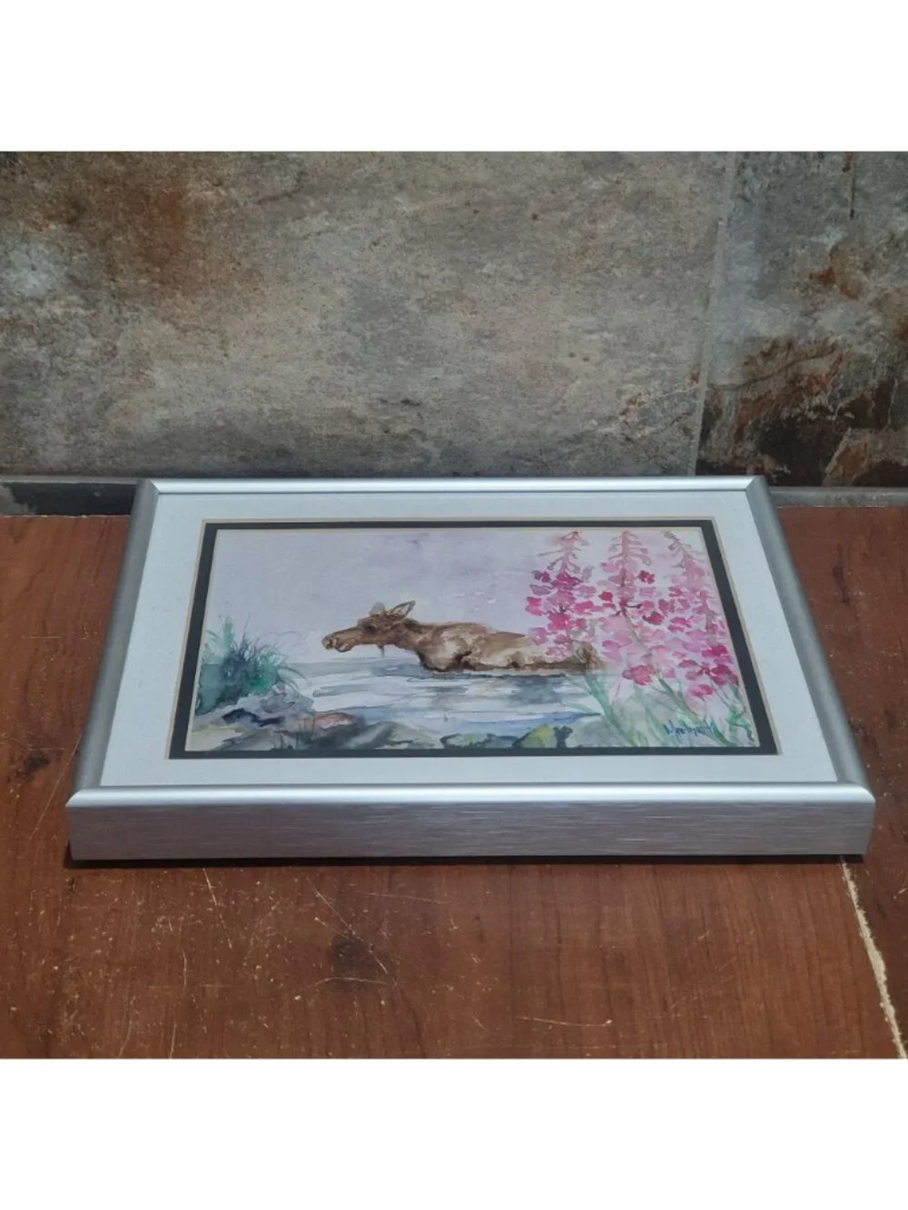 Watercolor Painting Art Print Moose in Water Pink Flower Signed MarLynk